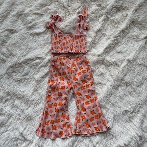 Baby Girl Orange Pink Flower Two Piece Matching Set Flare Leggings